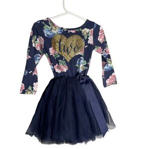 Birthday Dress Girls 2T Blue Floral‎ Tutu Party Long Sleeve Milestone Two Heart